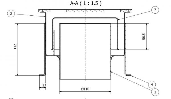 Hofablauf Edelstahl 200 x 200 mm Abgang senkrecht an 110er KG Rohr